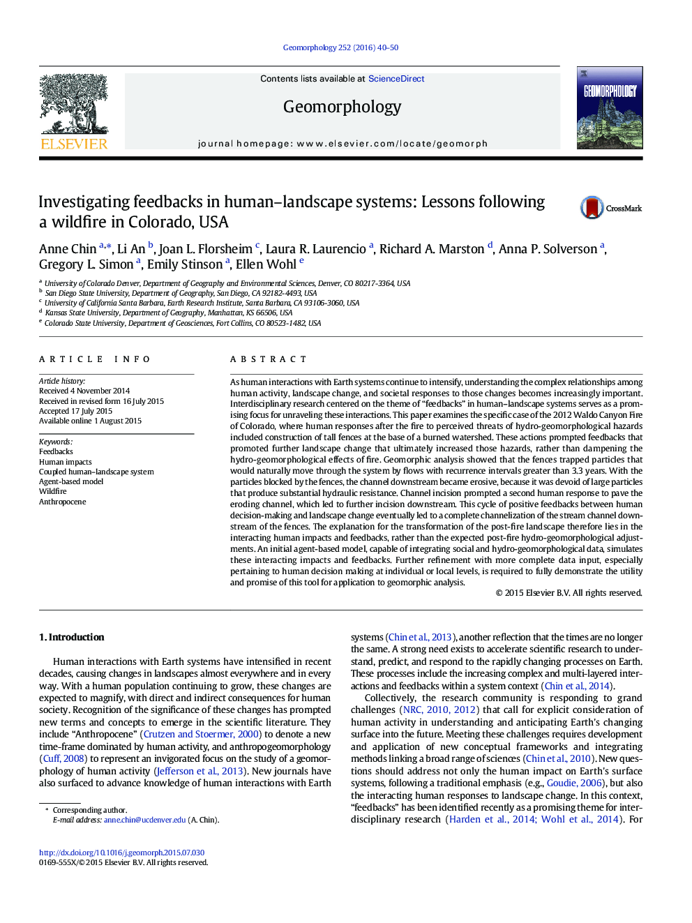 Investigating feedbacks in human–landscape systems: Lessons following a wildfire in Colorado, USA