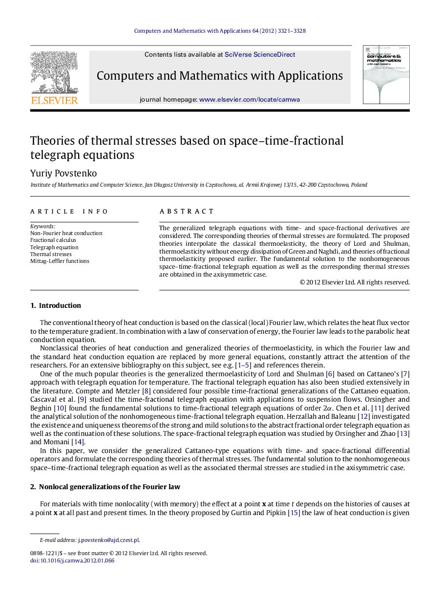 Theories of thermal stresses based on space–time-fractional telegraph equations