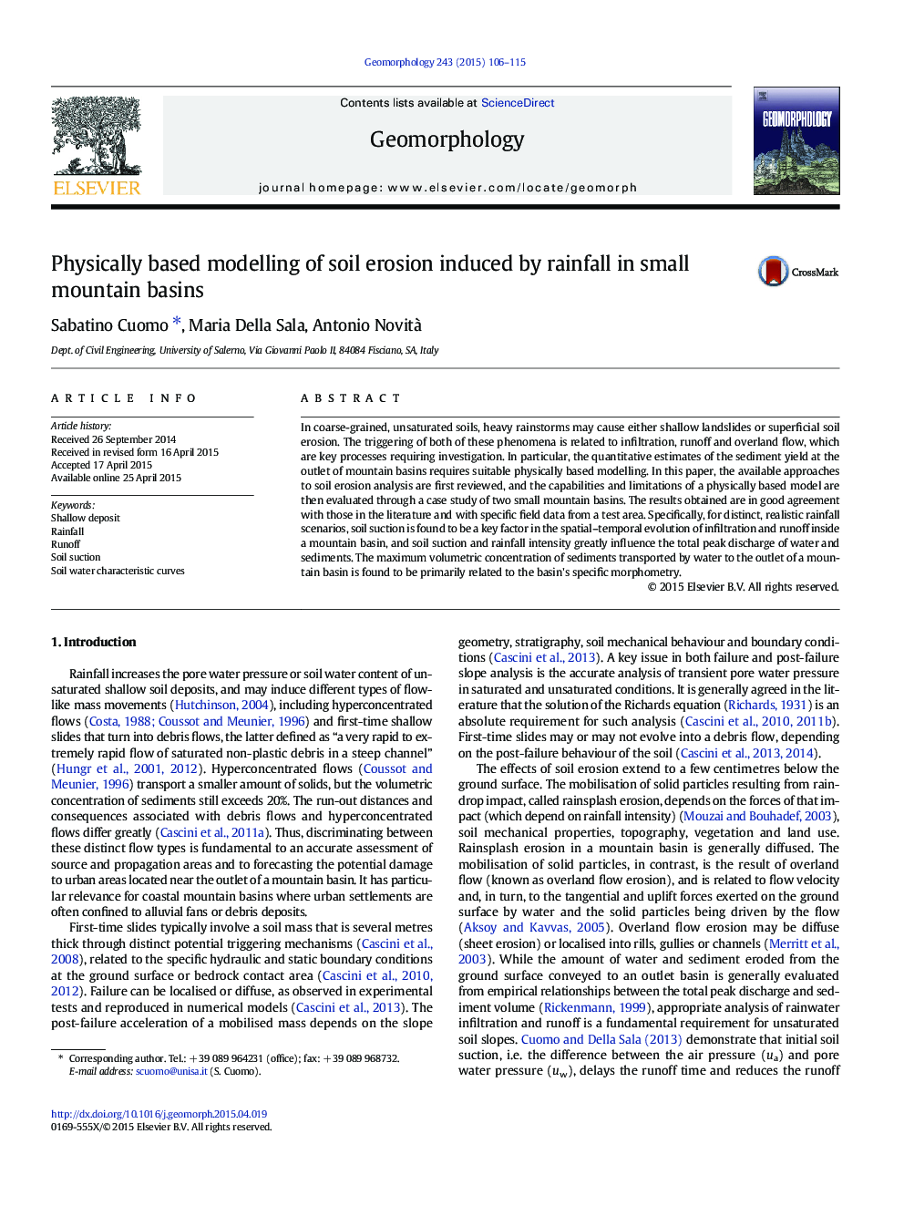 Physically based modelling of soil erosion induced by rainfall in small mountain basins