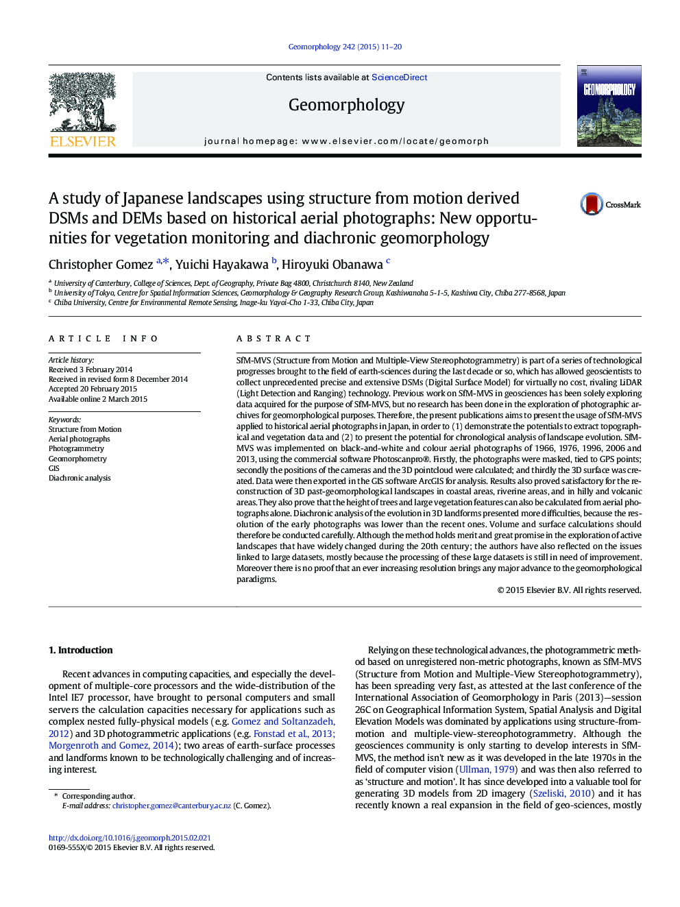 A study of Japanese landscapes using structure from motion derived DSMs and DEMs based on historical aerial photographs: New opportunities for vegetation monitoring and diachronic geomorphology