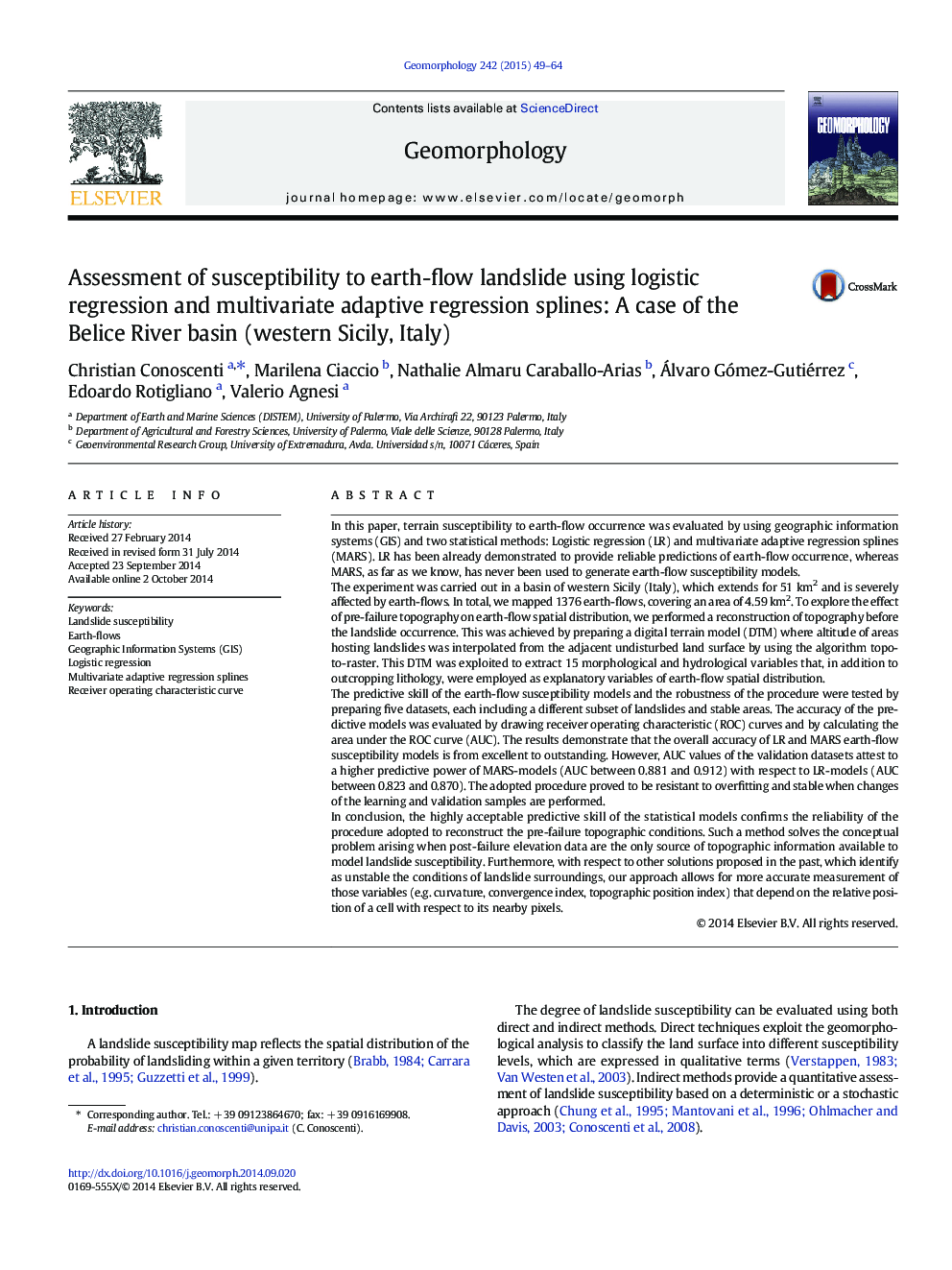 Assessment of susceptibility to earth-flow landslide using logistic regression and multivariate adaptive regression splines: A case of the Belice River basin (western Sicily, Italy)