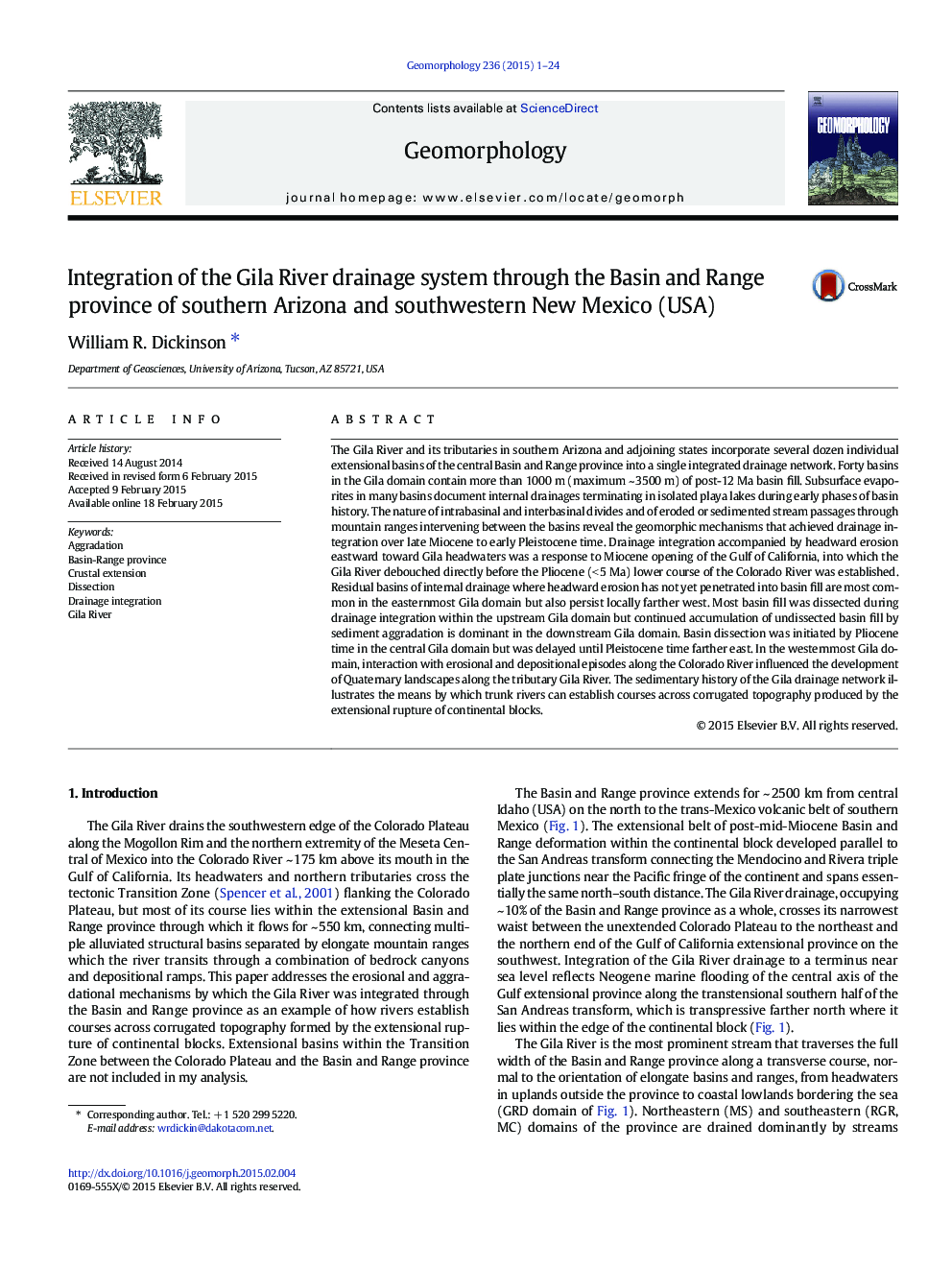 Integration of the Gila River drainage system through the Basin and Range province of southern Arizona and southwestern New Mexico (USA)