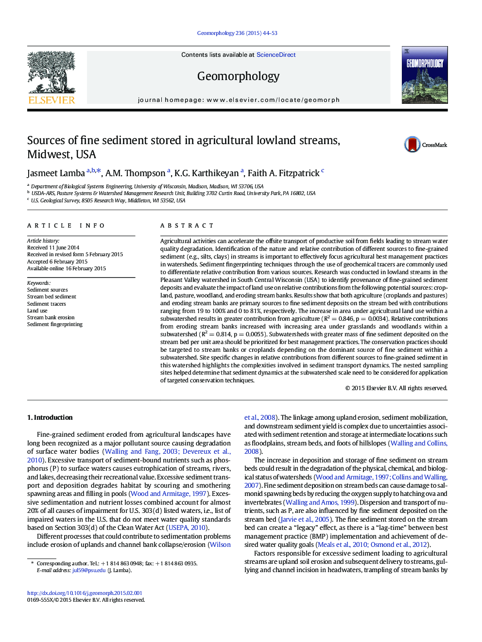 Sources of fine sediment stored in agricultural lowland streams, Midwest, USA