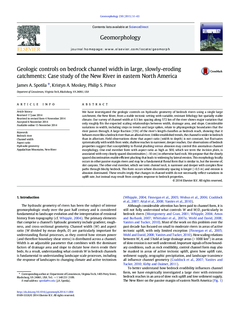 Geologic controls on bedrock channel width in large, slowly-eroding catchments: Case study of the New River in eastern North America