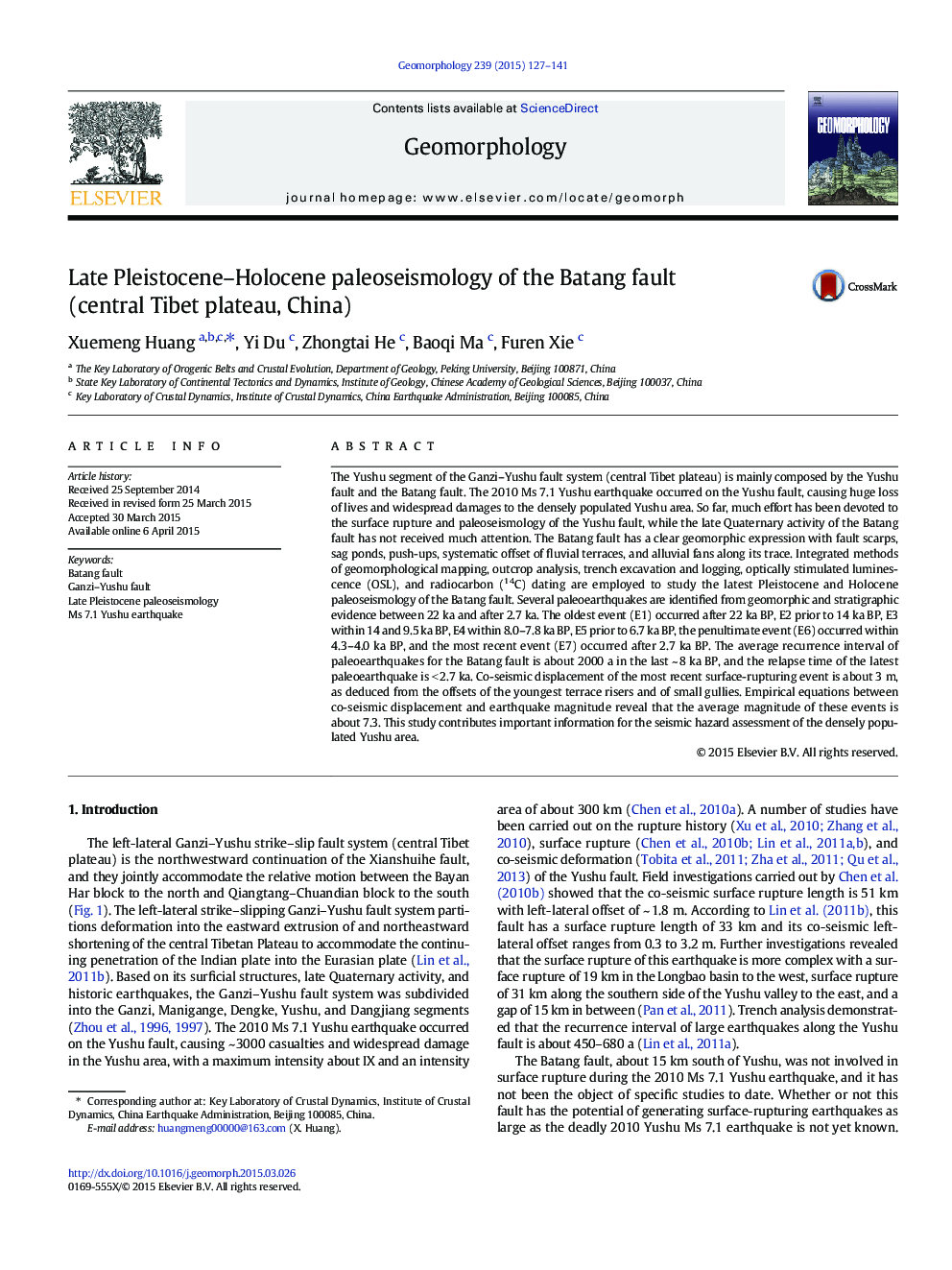 Late Pleistocene–Holocene paleoseismology of the Batang fault (central Tibet plateau, China)