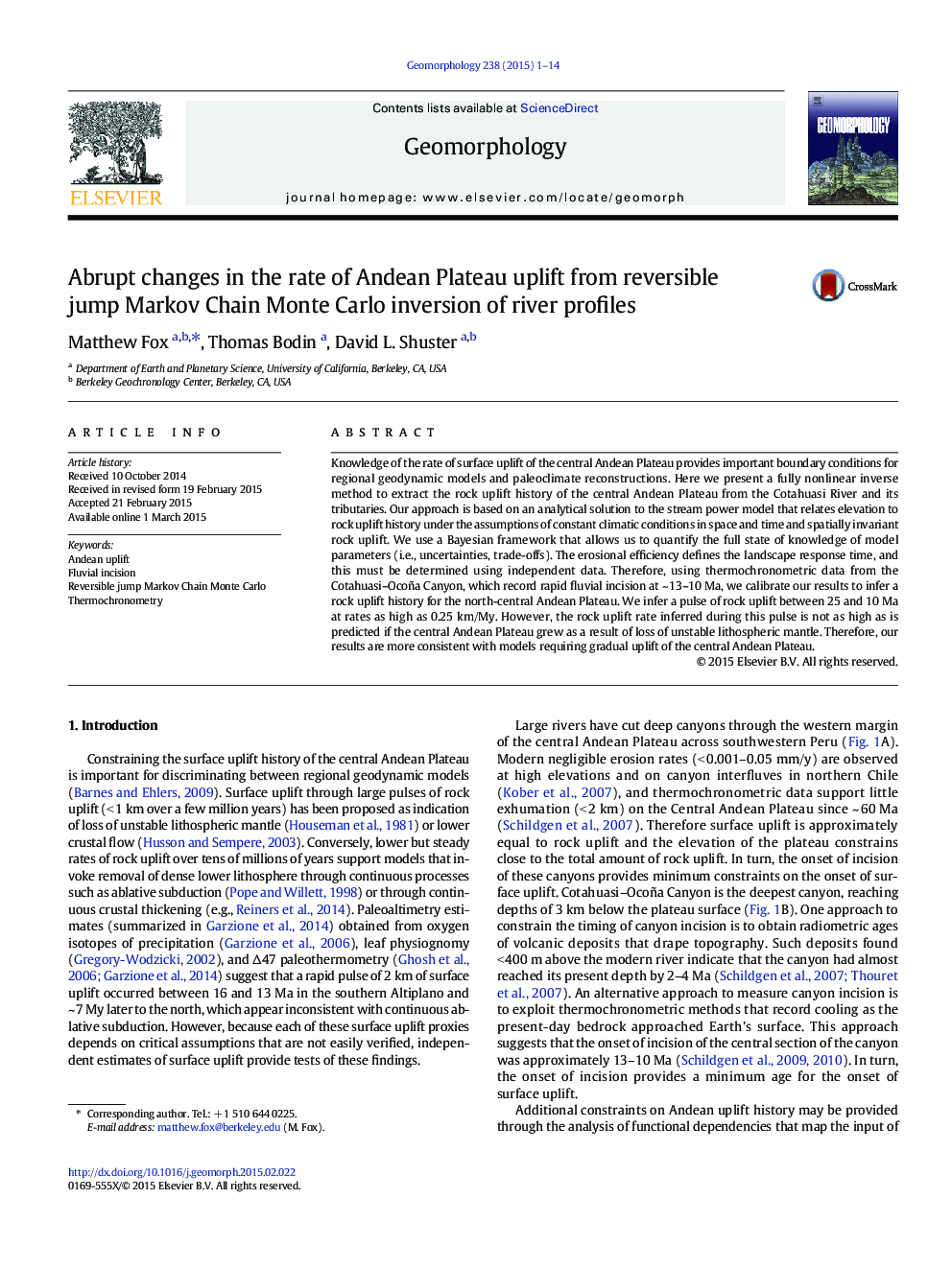 Abrupt changes in the rate of Andean Plateau uplift from reversible jump Markov Chain Monte Carlo inversion of river profiles