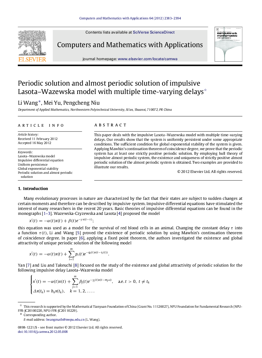 Periodic solution and almost periodic solution of impulsive Lasota–Wazewska model with multiple time-varying delays 