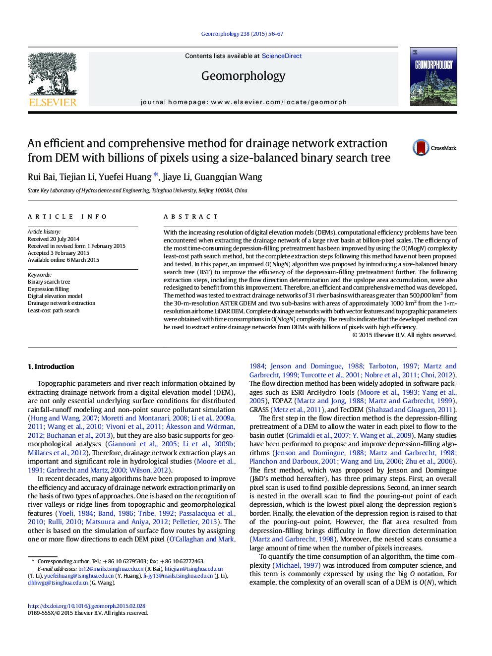 An efficient and comprehensive method for drainage network extraction from DEM with billions of pixels using a size-balanced binary search tree