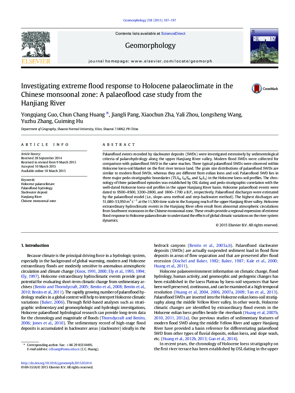 Investigating extreme flood response to Holocene palaeoclimate in the Chinese monsoonal zone: A palaeoflood case study from the Hanjiang River