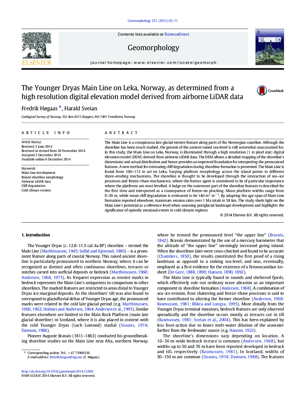 The Younger Dryas Main Line on Leka, Norway, as determined from a high resolution digital elevation model derived from airborne LiDAR data