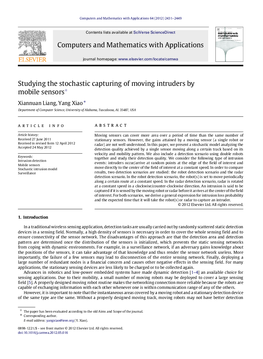 Studying the stochastic capturing of moving intruders by mobile sensors 