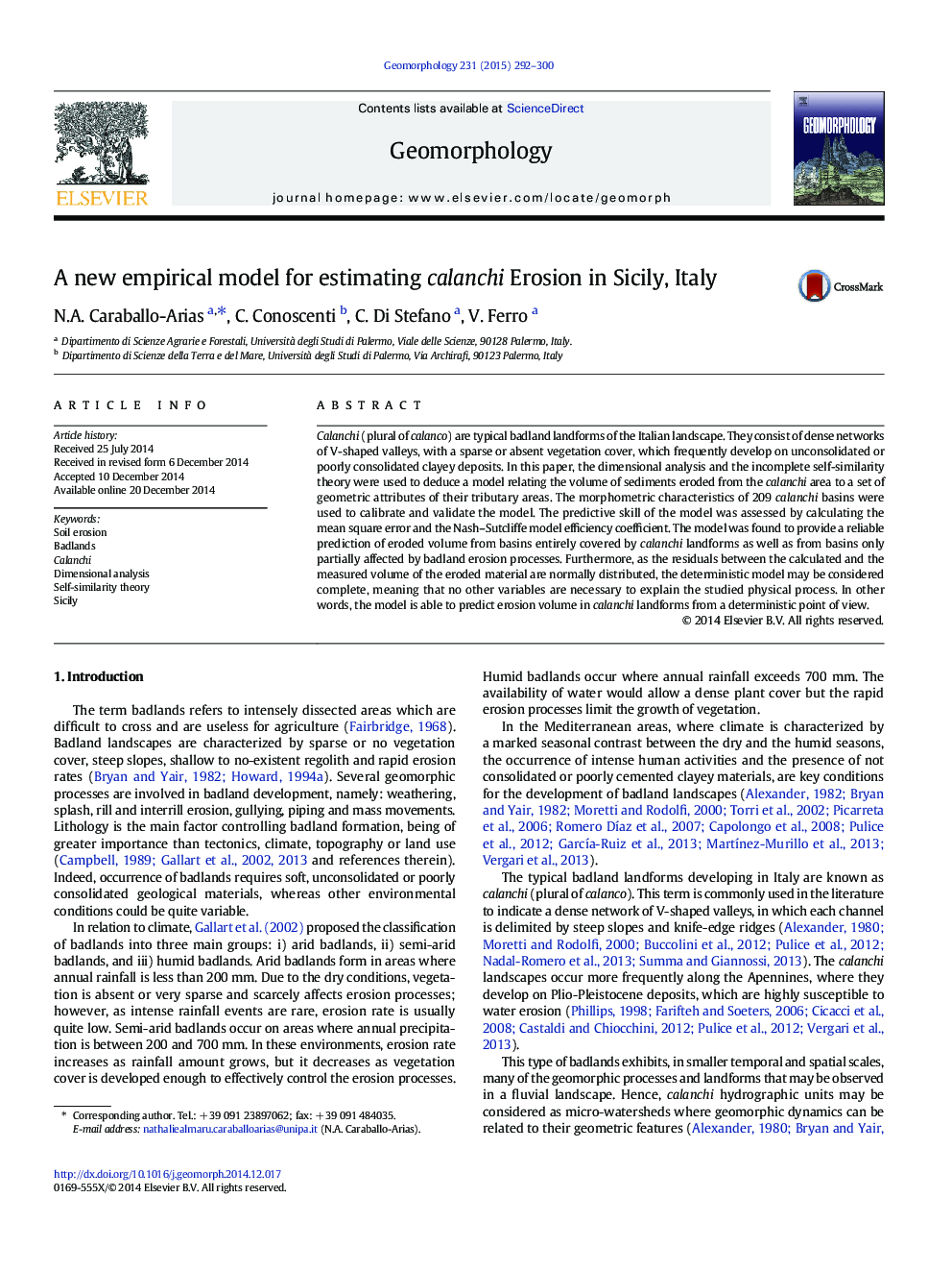 A new empirical model for estimating calanchi Erosion in Sicily, Italy