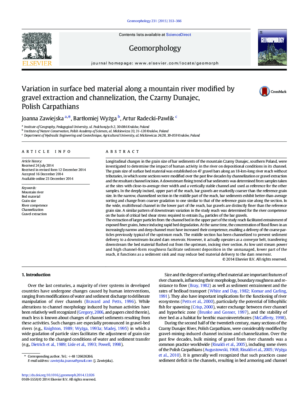 Variation in surface bed material along a mountain river modified by gravel extraction and channelization, the Czarny Dunajec, Polish Carpathians