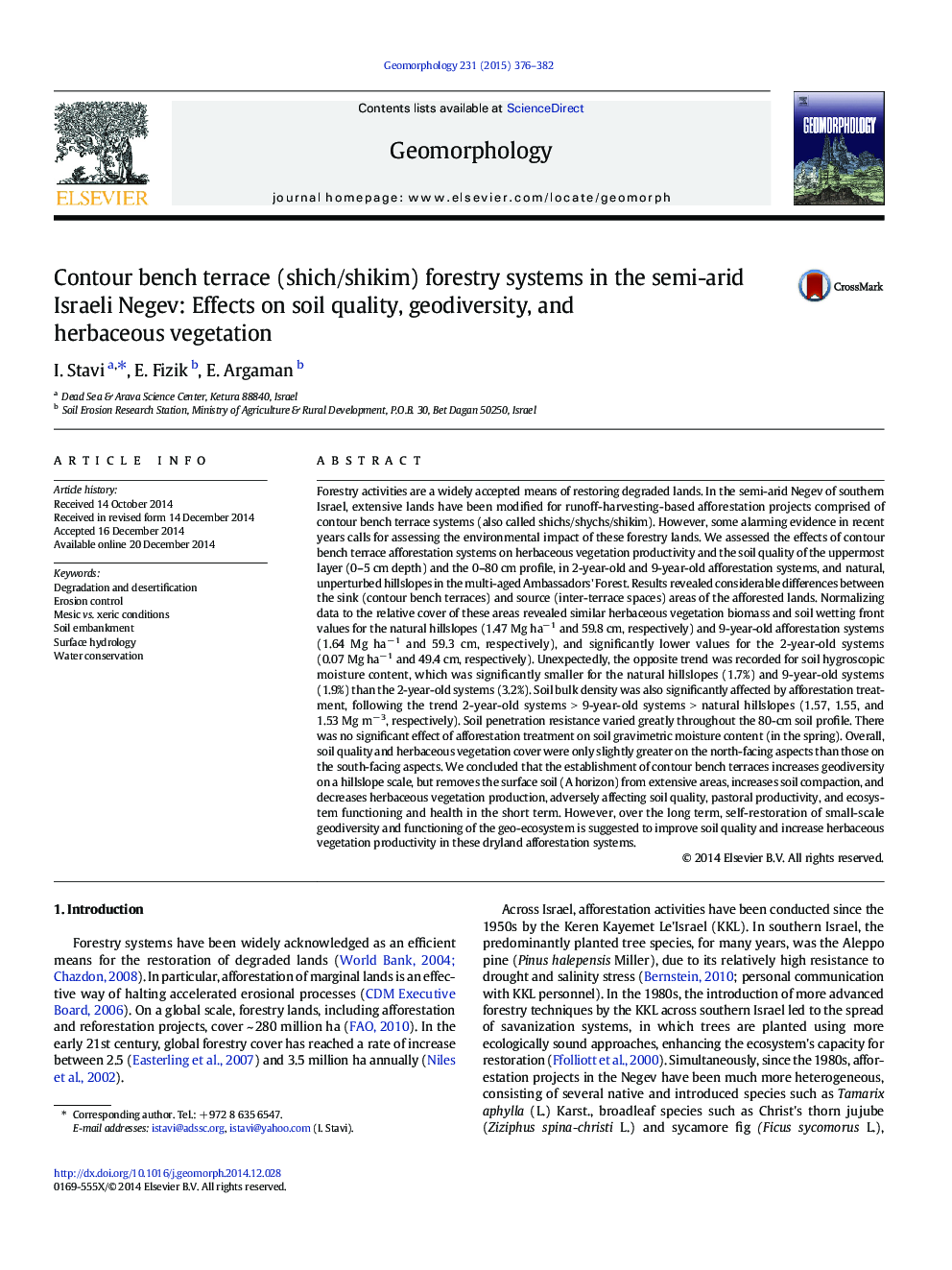 Contour bench terrace (shich/shikim) forestry systems in the semi-arid Israeli Negev: Effects on soil quality, geodiversity, and herbaceous vegetation