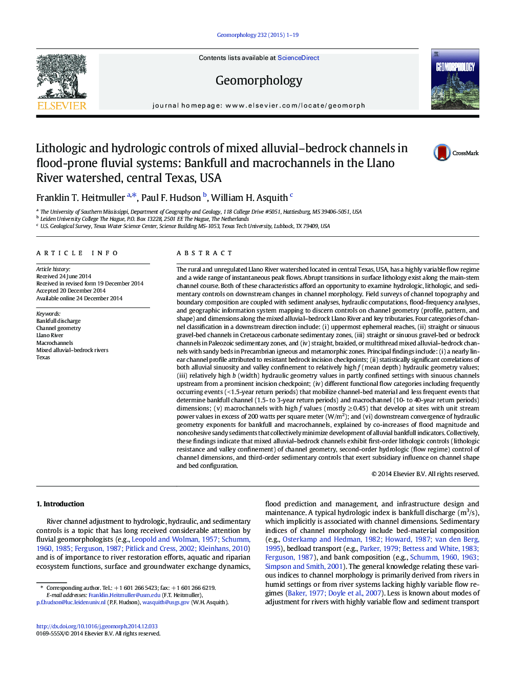 Lithologic and hydrologic controls of mixed alluvial–bedrock channels in flood-prone fluvial systems: Bankfull and macrochannels in the Llano River watershed, central Texas, USA