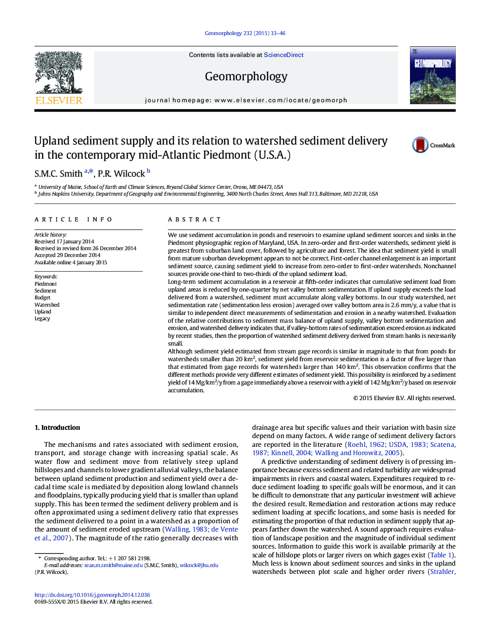 Upland sediment supply and its relation to watershed sediment delivery in the contemporary mid-Atlantic Piedmont (U.S.A.)