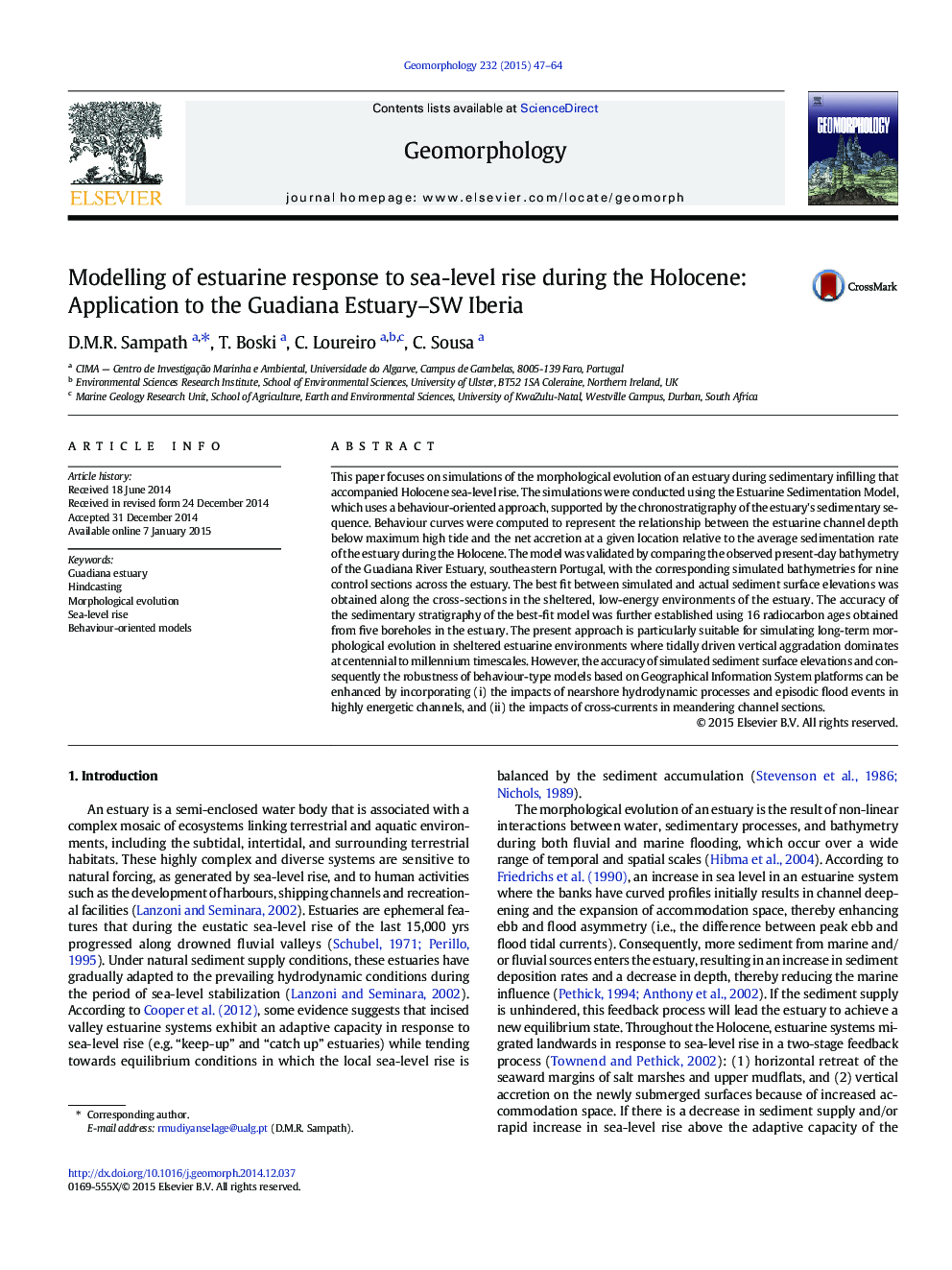 Modelling of estuarine response to sea-level rise during the Holocene: Application to the Guadiana Estuary–SW Iberia