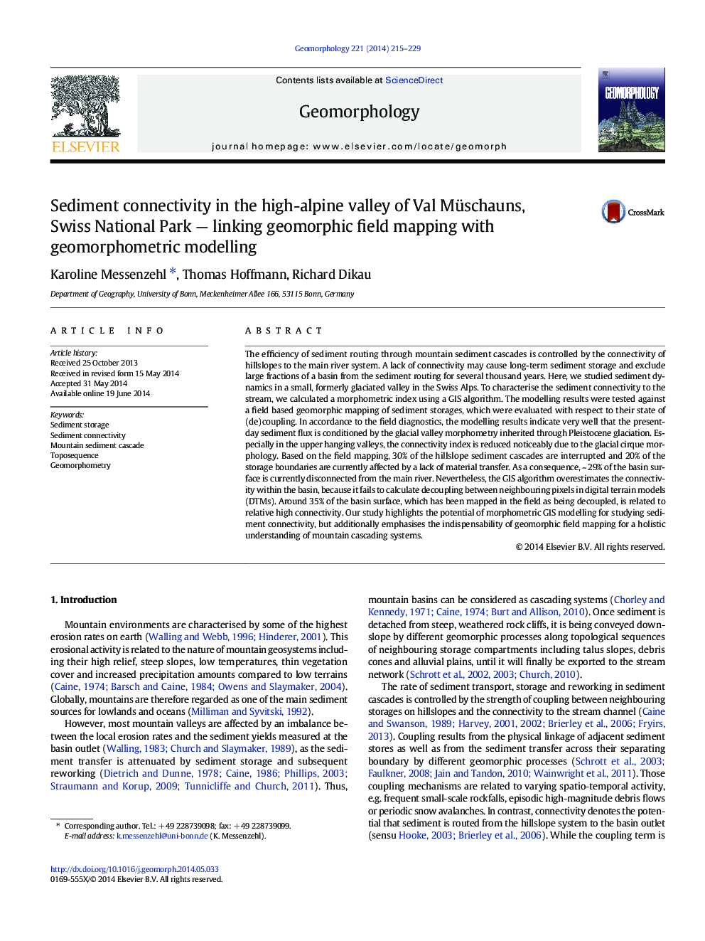 عکس صفحه اول مقاله: Sediment connectivity in the high-alpine valley of Val Müschauns, Swiss National Park — linking geomorphic field mapping with geomorphometric modelling Sediment connectivity in the high-alpine valley of Val Müschauns, Swiss National Park — linking geomorphic field mapping with geomorphometric modelling