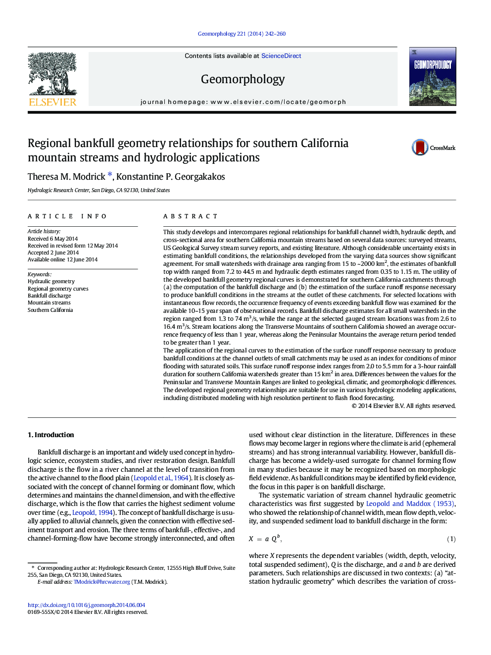 روابط هندسی منطقه ای بانکچی برای روابط کوهستانی جنوب کالیفرنیا و برنامه های کاربردی هیدرولوژیکی 