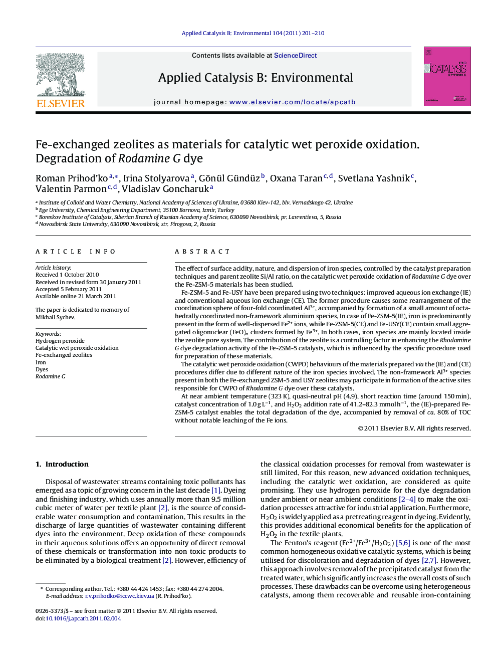 Fe-exchanged zeolites as materials for catalytic wet peroxide oxidation. Degradation of Rodamine G dye