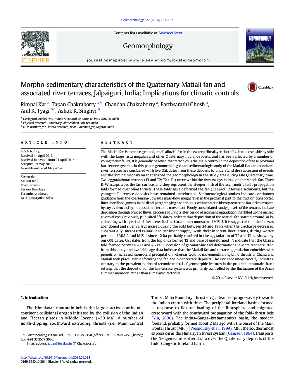 Morpho-sedimentary characteristics of the Quaternary Matiali fan and associated river terraces, Jalpaiguri, India: Implications for climatic controls
