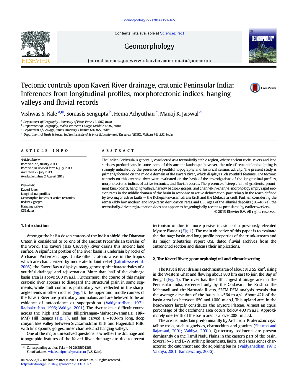 Tectonic controls upon Kaveri River drainage, cratonic Peninsular India: Inferences from longitudinal profiles, morphotectonic indices, hanging valleys and fluvial records