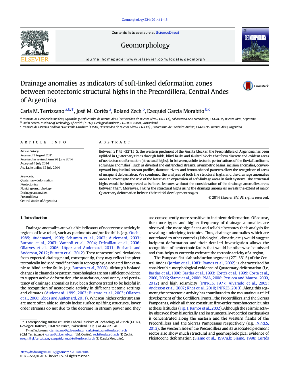 Drainage anomalies as indicators of soft-linked deformation zones between neotectonic structural highs in the Precordillera, Central Andes of Argentina