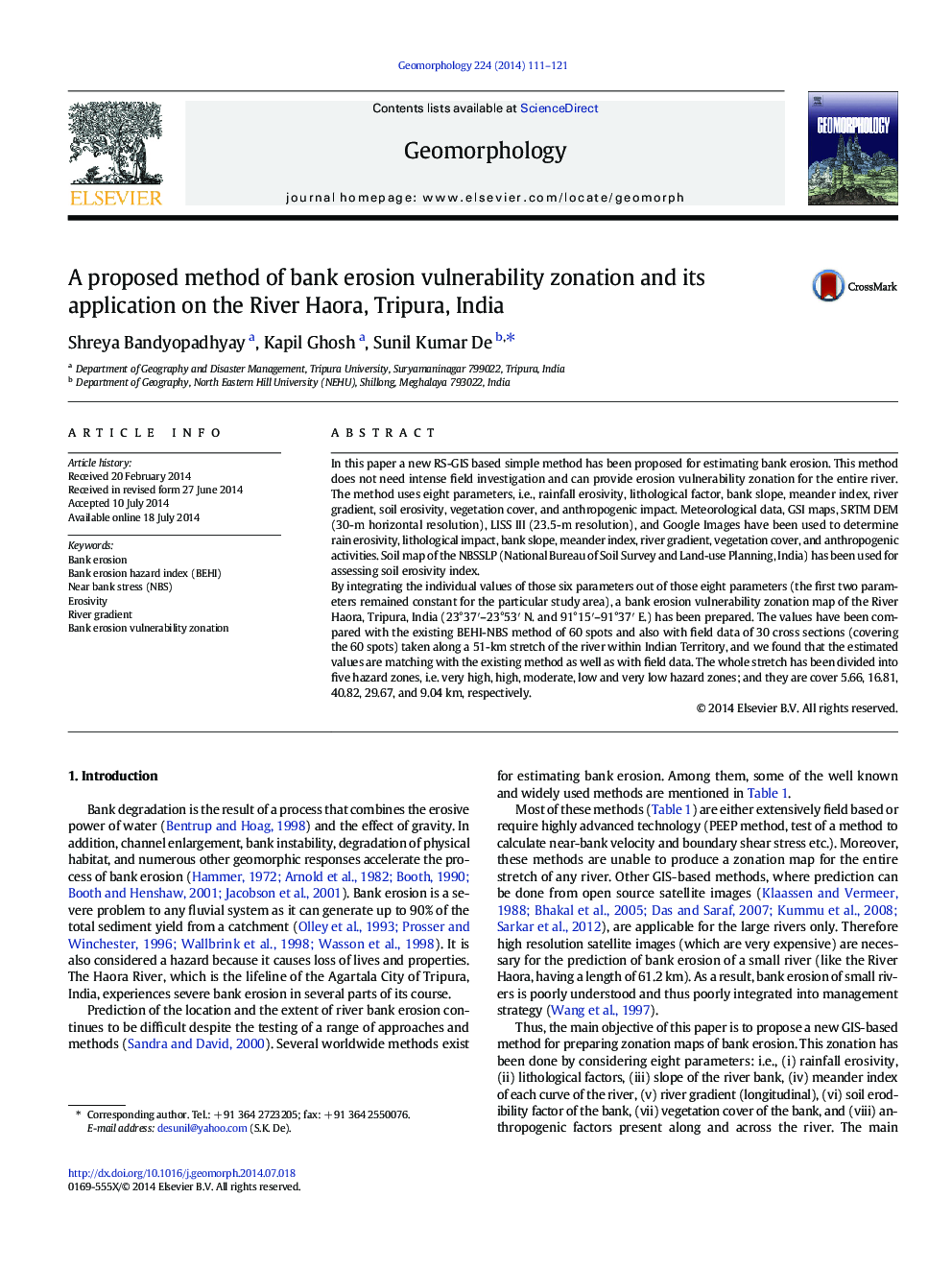 A proposed method of bank erosion vulnerability zonation and its application on the River Haora, Tripura, India