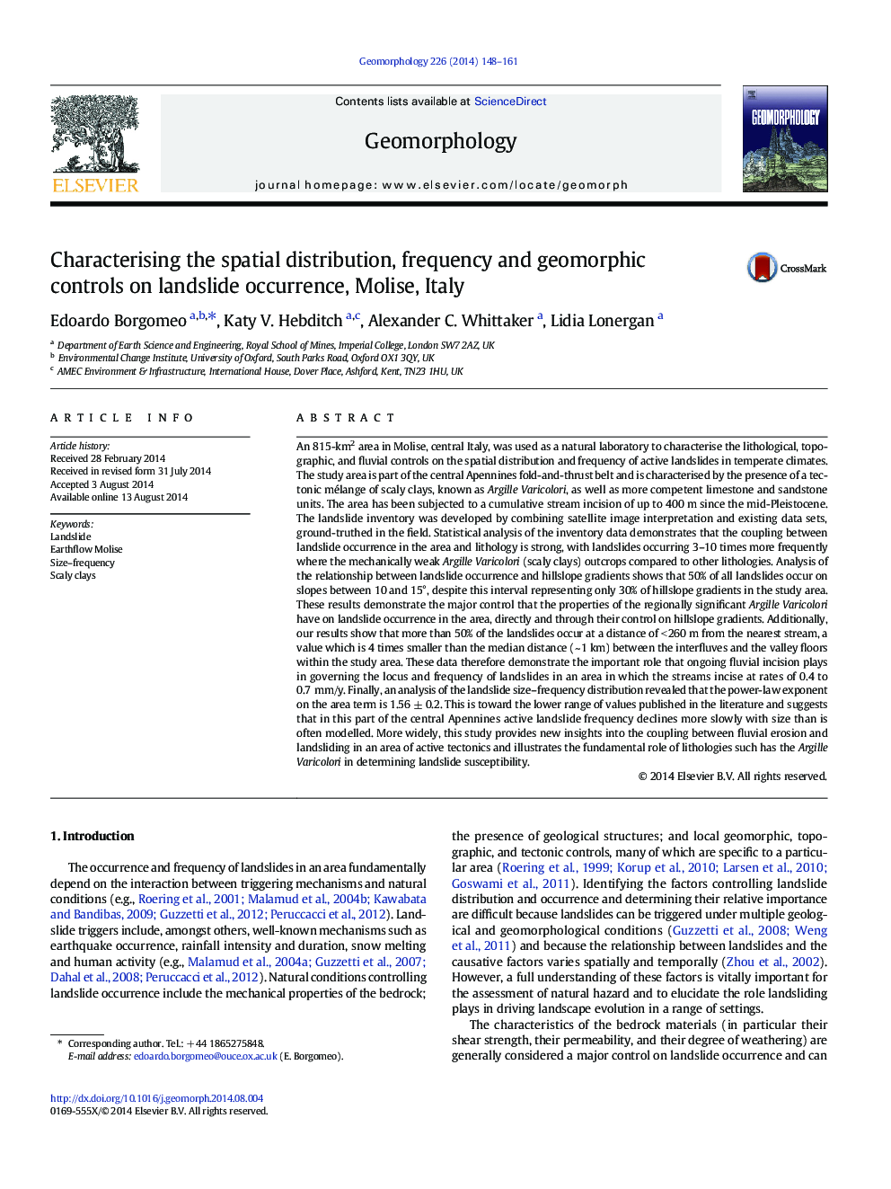 Characterising the spatial distribution, frequency and geomorphic controls on landslide occurrence, Molise, Italy