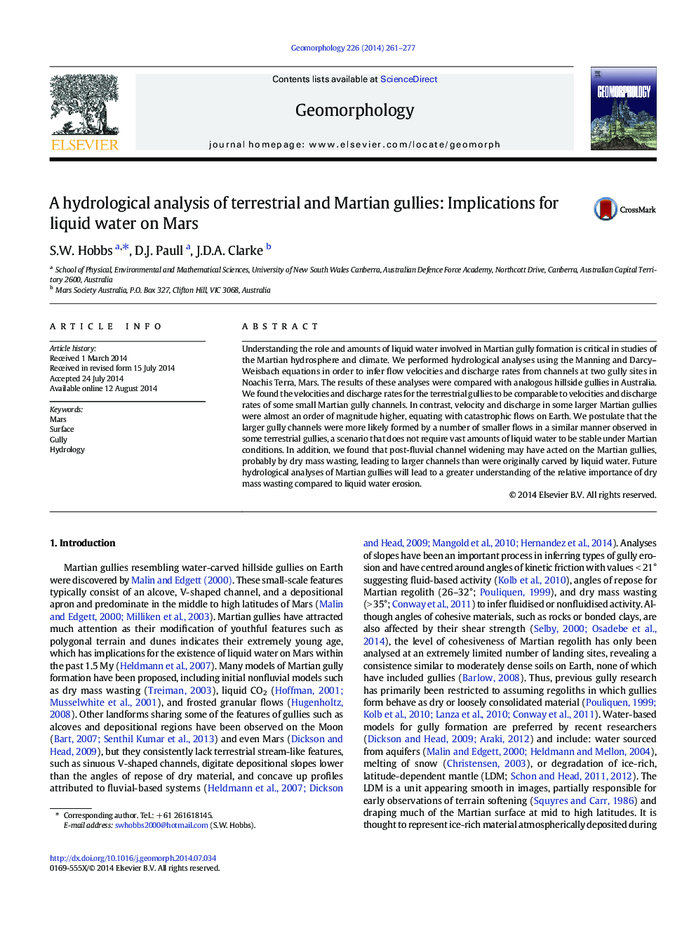 A hydrological analysis of terrestrial and Martian gullies: Implications for liquid water on Mars