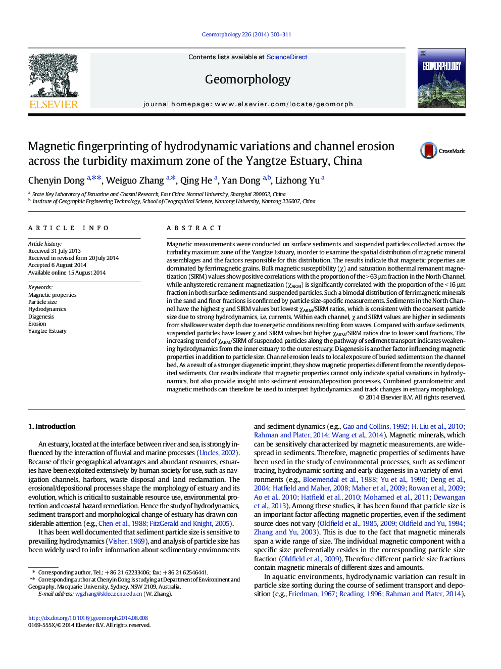 Magnetic fingerprinting of hydrodynamic variations and channel erosion across the turbidity maximum zone of the Yangtze Estuary, China