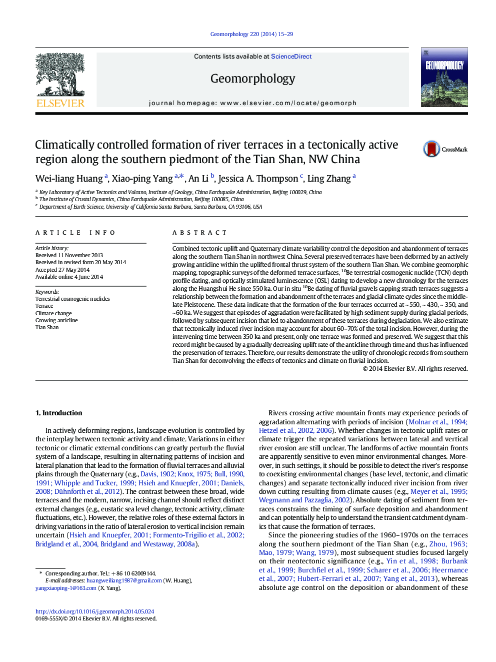 Climatically controlled formation of river terraces in a tectonically active region along the southern piedmont of the Tian Shan, NW China