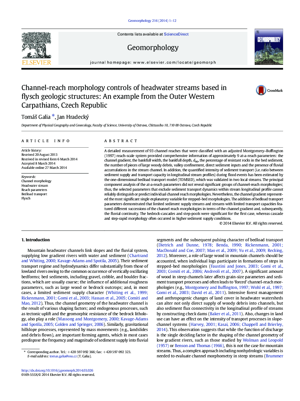 Channel-reach morphology controls of headwater streams based in flysch geologic structures: An example from the Outer Western Carpathians, Czech Republic