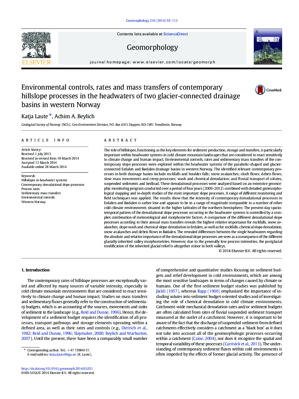 Environmental controls, rates and mass transfers of contemporary hillslope processes in the headwaters of two glacier-connected drainage basins in western Norway