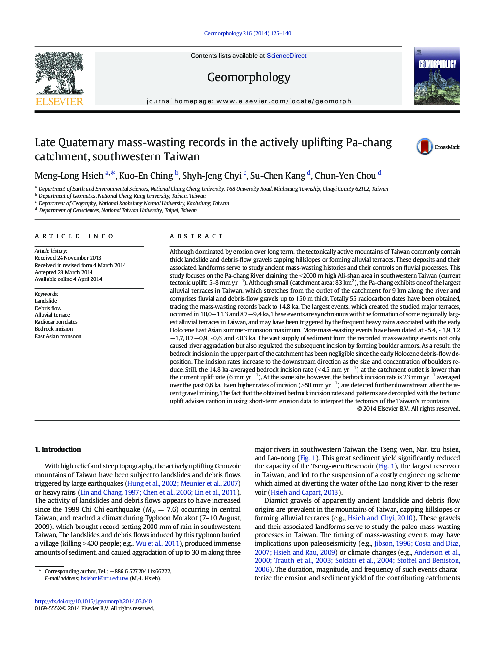 Late Quaternary mass-wasting records in the actively uplifting Pa-chang catchment, southwestern Taiwan