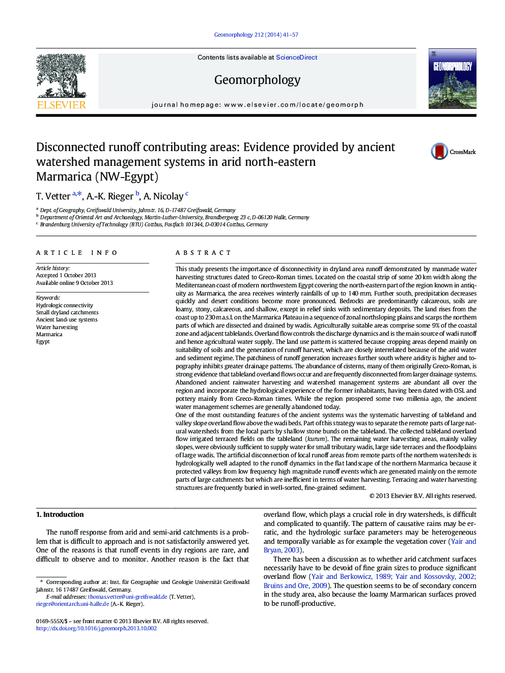 Disconnected runoff contributing areas: Evidence provided by ancient watershed management systems in arid north-eastern Marmarica (NW-Egypt)