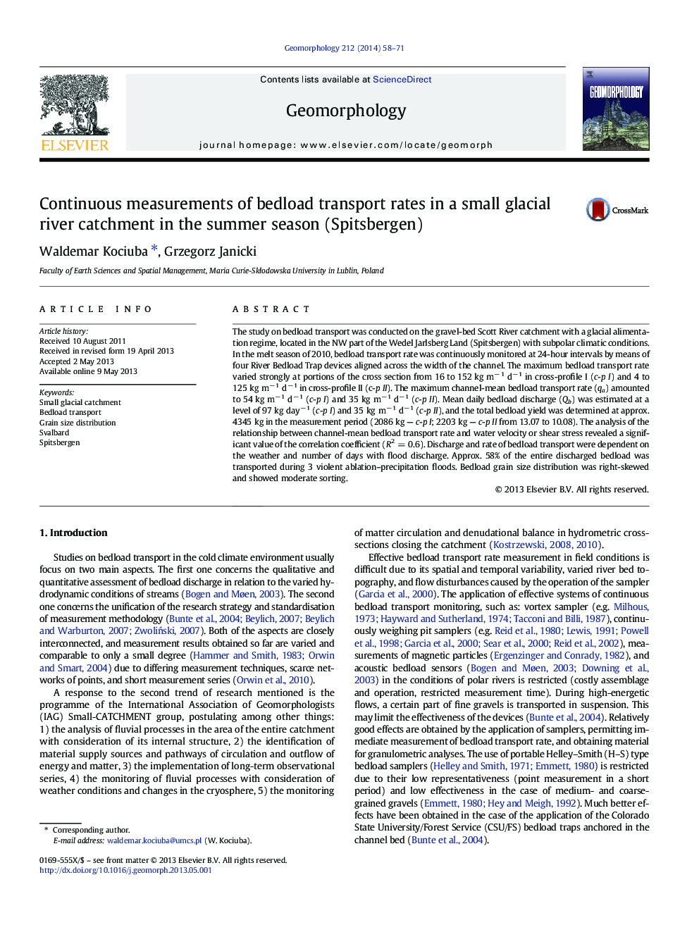 Continuous measurements of bedload transport rates in a small glacial river catchment in the summer season (Spitsbergen)