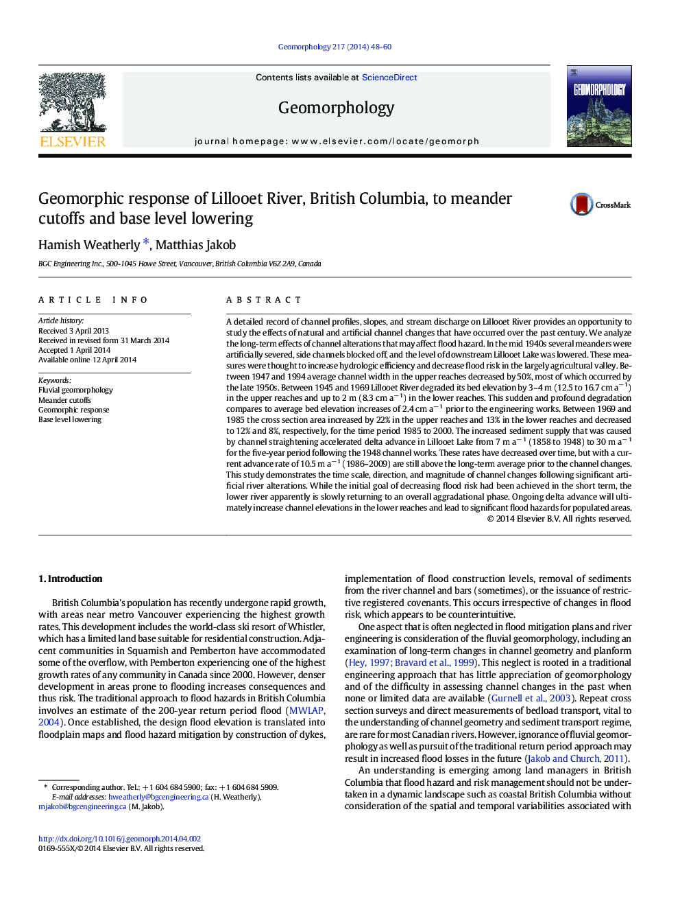 Geomorphic response of Lillooet River, British Columbia, to meander cutoffs and base level lowering