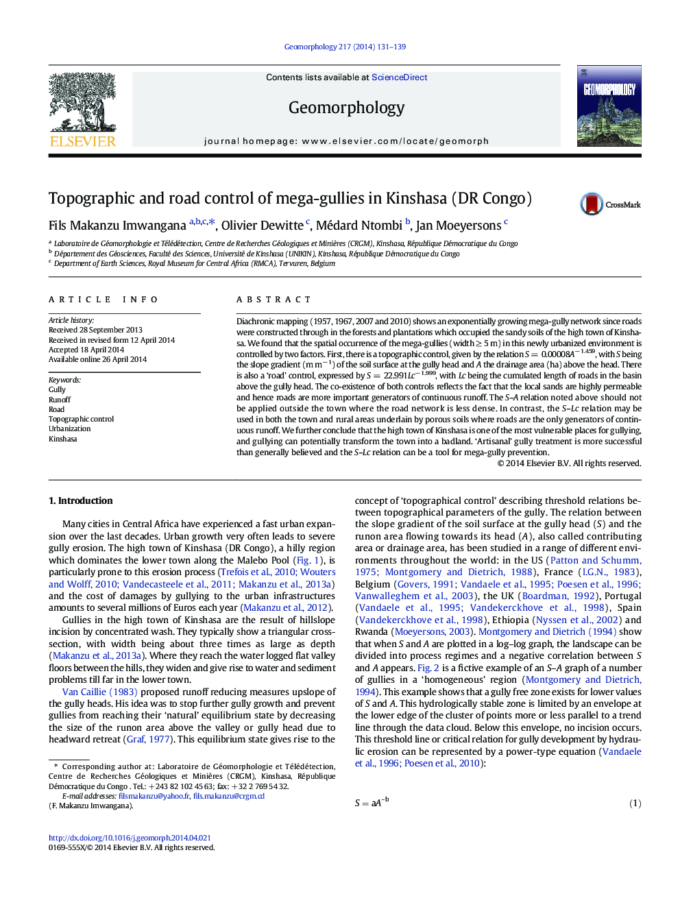 Topographic and road control of mega-gullies in Kinshasa (DR Congo)