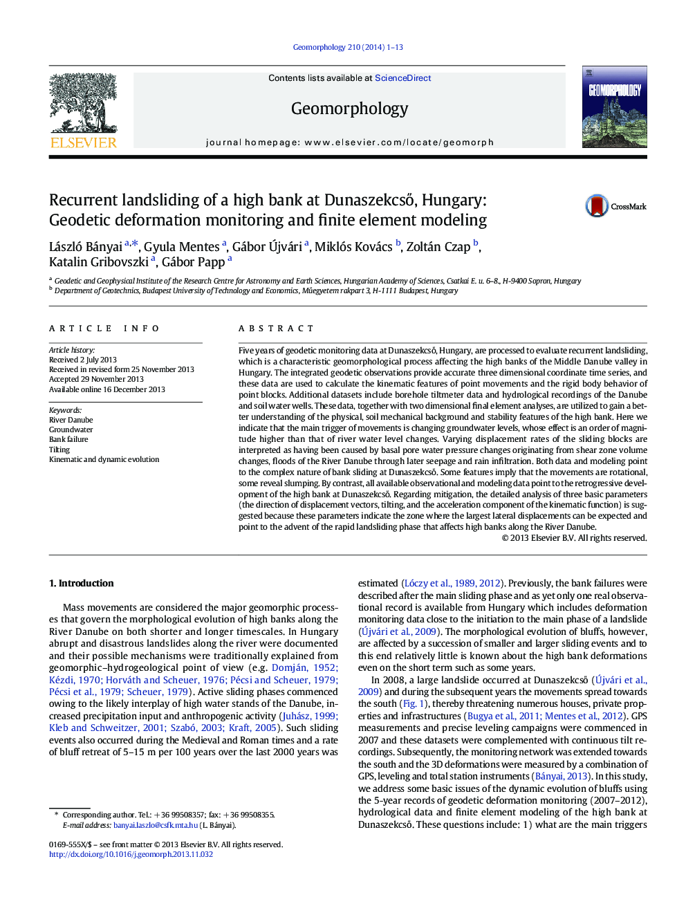 Recurrent landsliding of a high bank at Dunaszekcső, Hungary: Geodetic deformation monitoring and finite element modeling