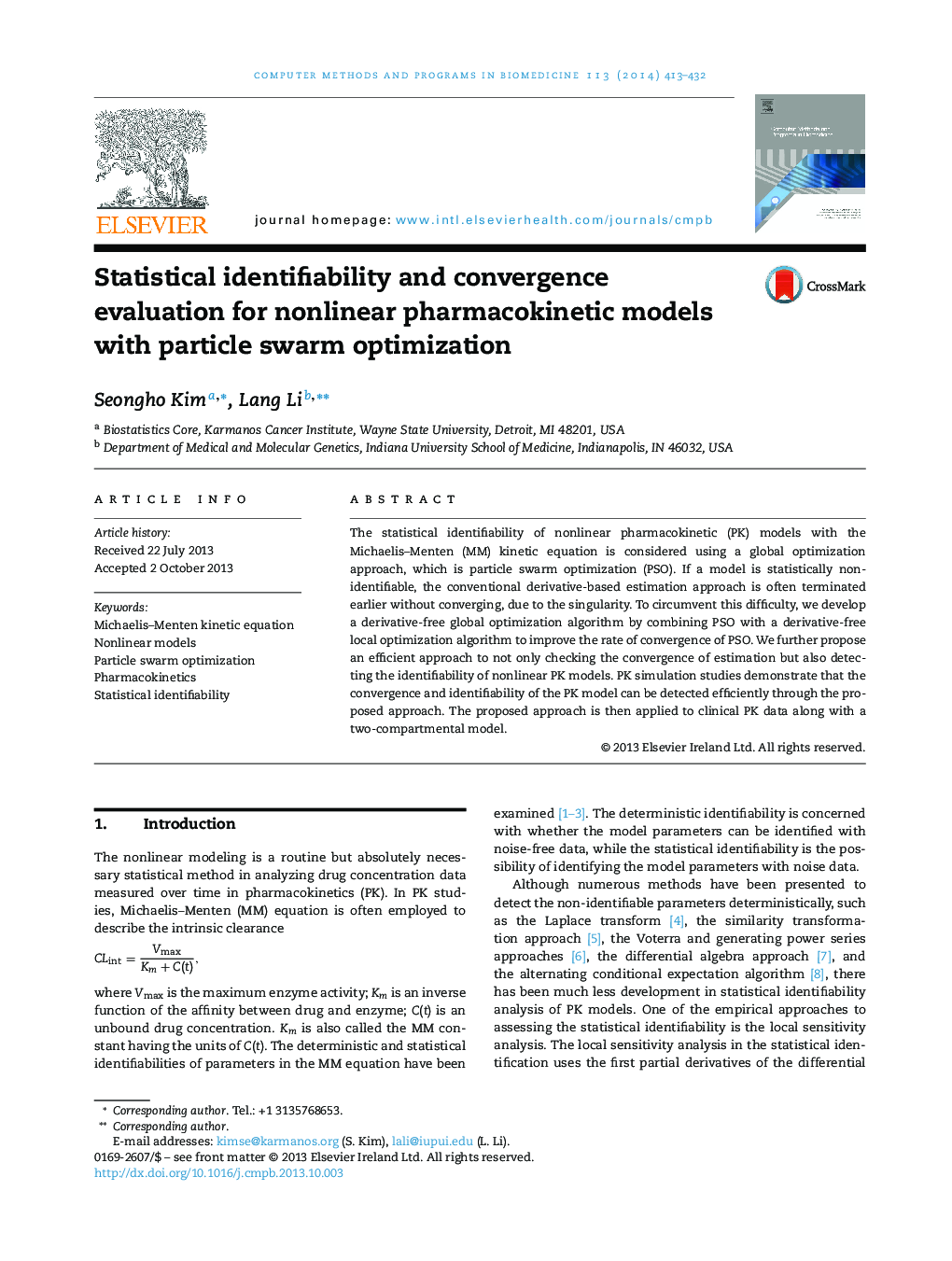 Statistical identifiability and convergence evaluation for nonlinear pharmacokinetic models with particle swarm optimization
