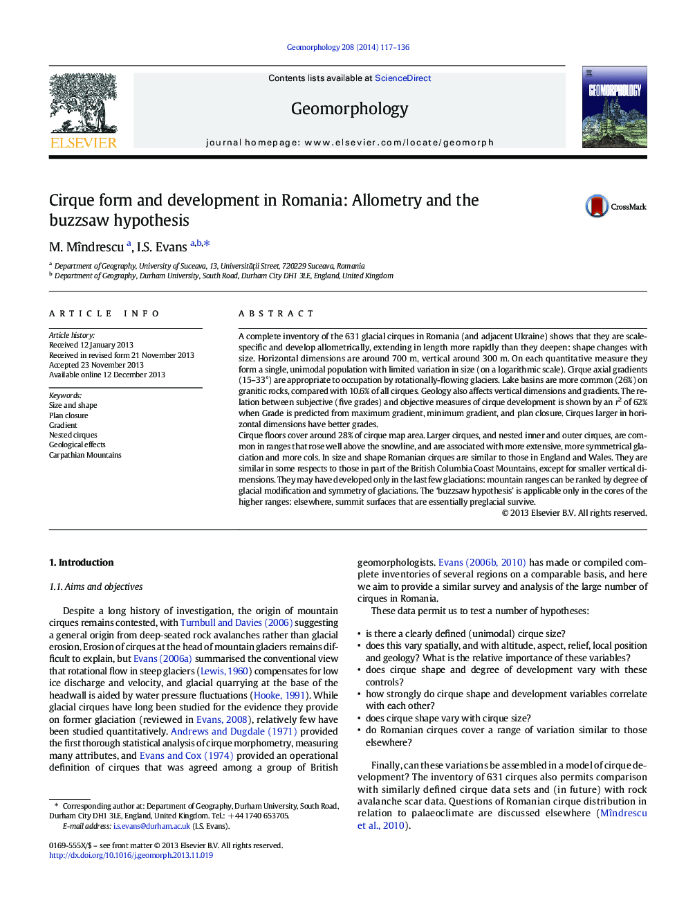 Cirque form and development in Romania: Allometry and the buzzsaw hypothesis