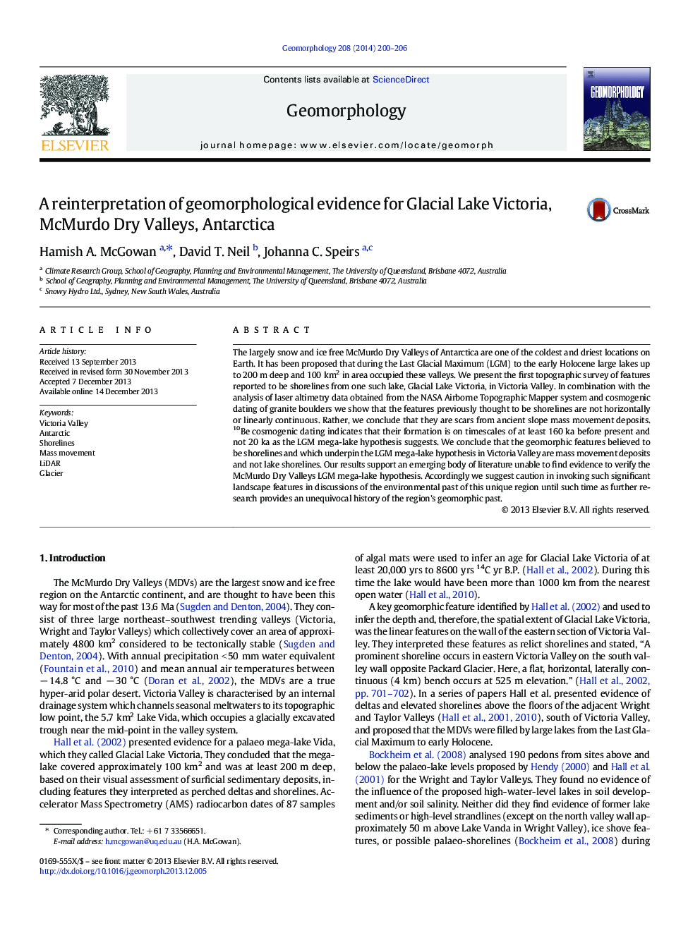 A reinterpretation of geomorphological evidence for Glacial Lake Victoria, McMurdo Dry Valleys, Antarctica