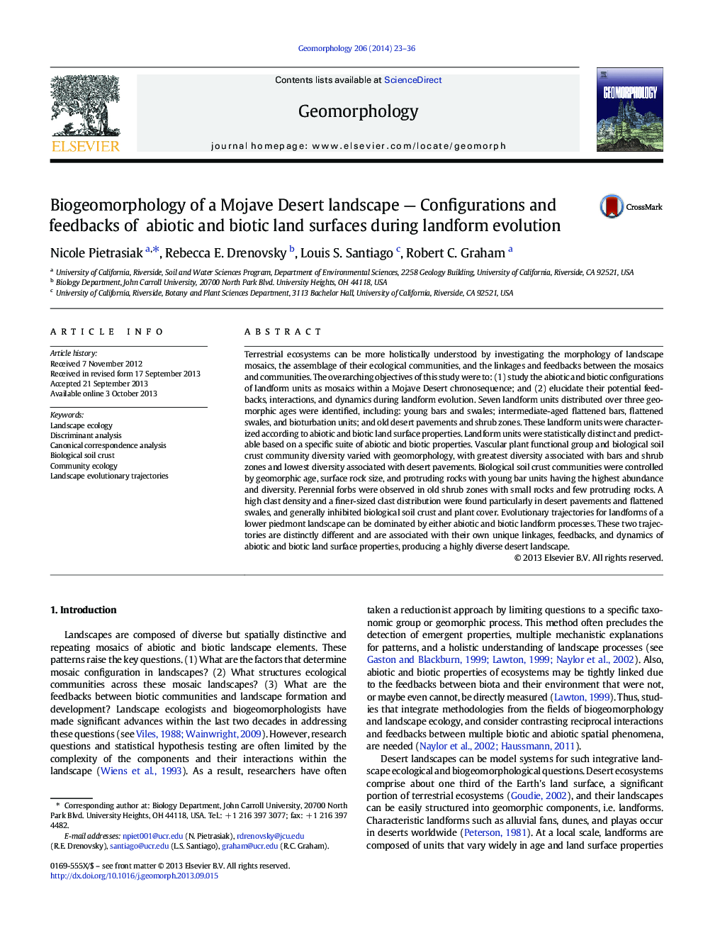 Biogeomorphology of a Mojave Desert landscape — Configurations and feedbacks of abiotic and biotic land surfaces during landform evolution