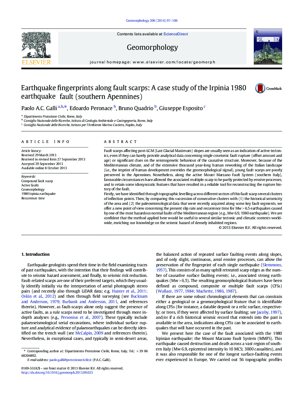 Earthquake fingerprints along fault scarps: A case study of the Irpinia 1980 earthquake fault (southern Apennines)