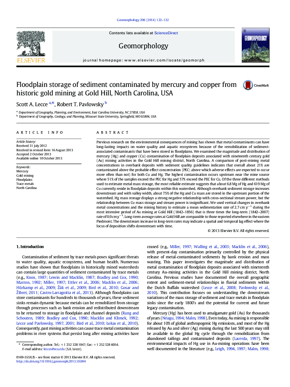 Floodplain storage of sediment contaminated by mercury and copper from historic gold mining at Gold Hill, North Carolina, USA