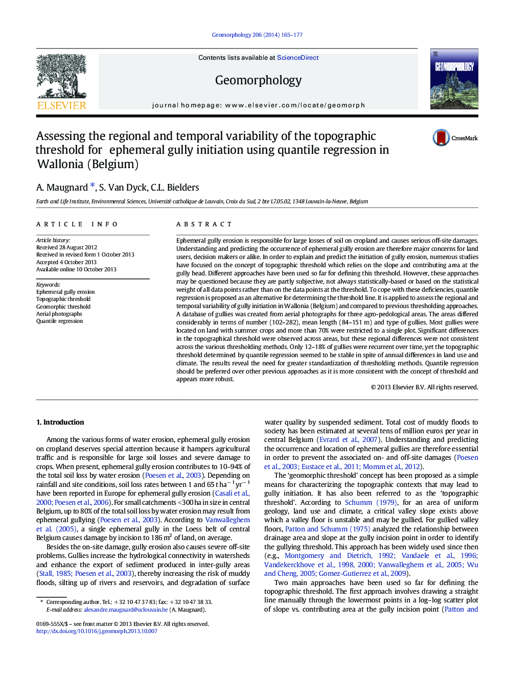 Assessing the regional and temporal variability of the topographic threshold for ephemeral gully initiation using quantile regression in Wallonia (Belgium)