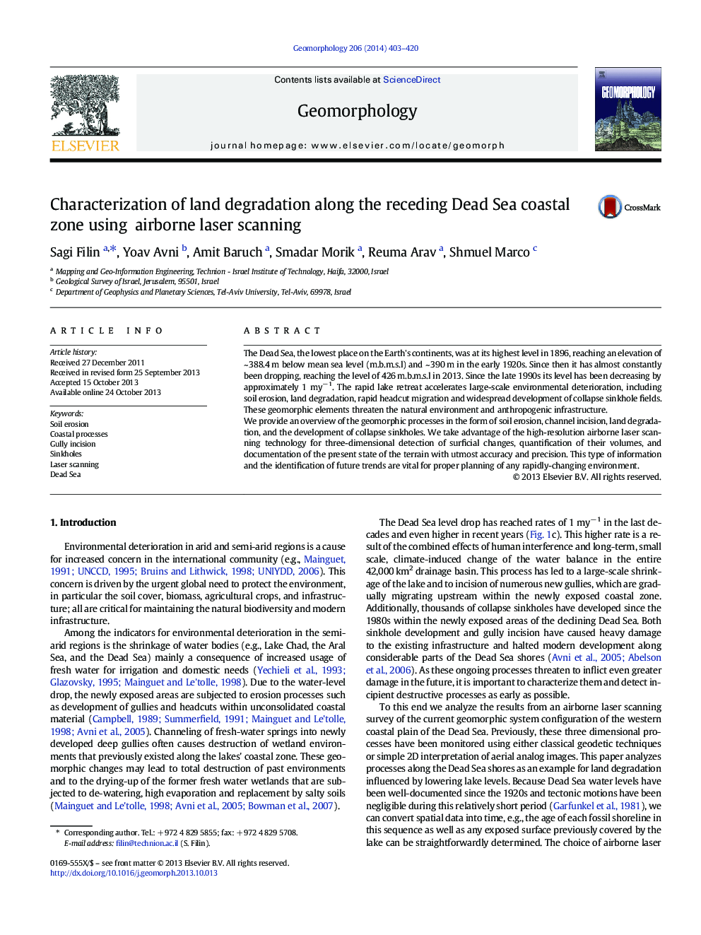 Characterization of land degradation along the receding Dead Sea coastal zone using airborne laser scanning