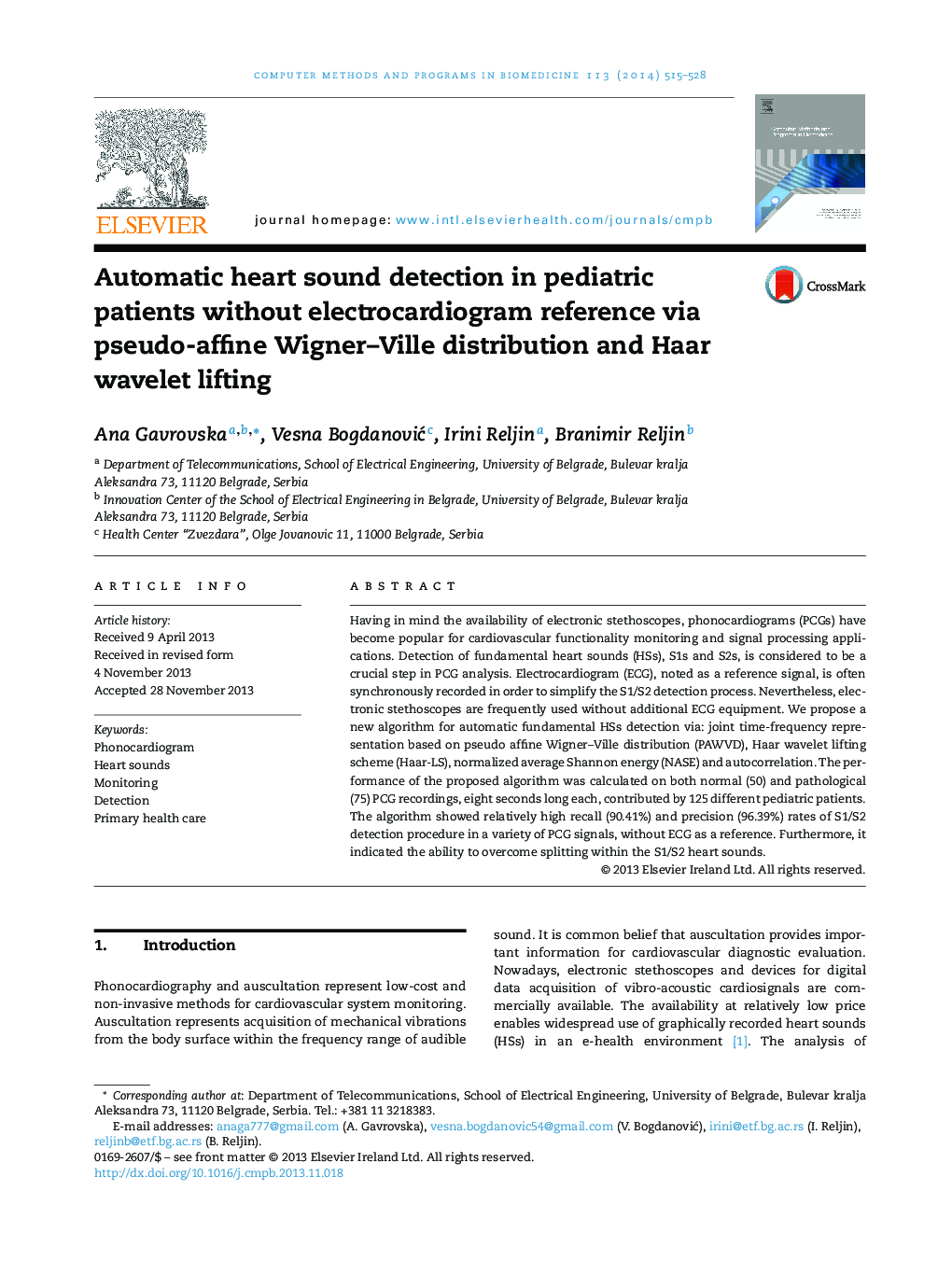 Automatic heart sound detection in pediatric patients without electrocardiogram reference via pseudo-affine Wigner–Ville distribution and Haar wavelet lifting