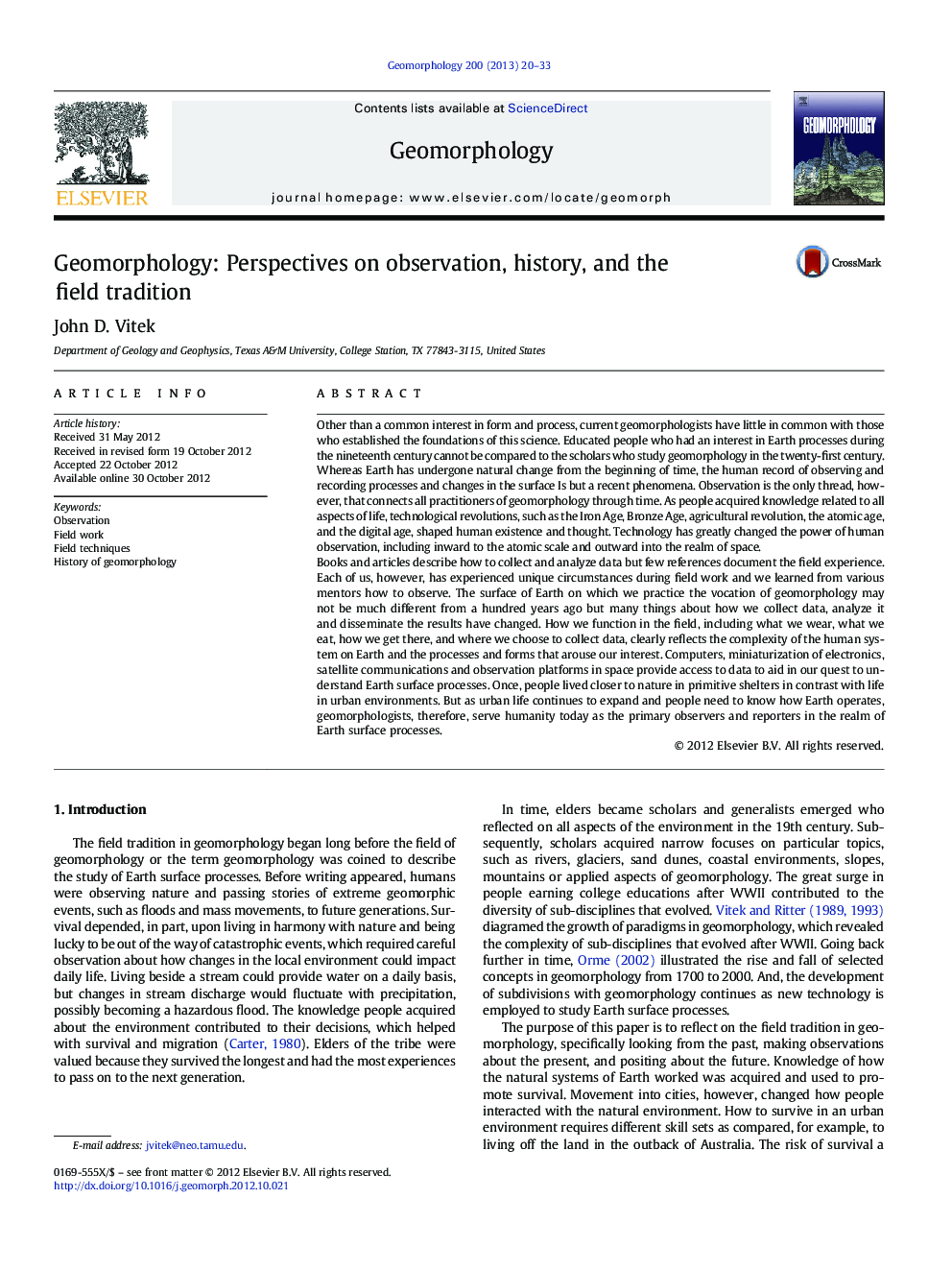 Geomorphology: Perspectives on observation, history, and the field tradition